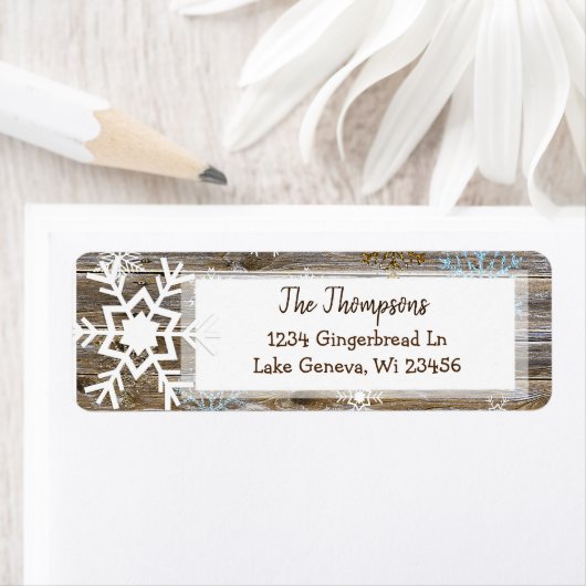 Rustic Wood en kerstsnowflakes Adres Etiket (Insitu)