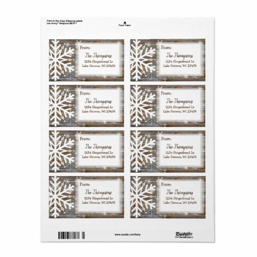 Rustic Wood en kerstsnowflakes Adres Etiket (Full Sheet)