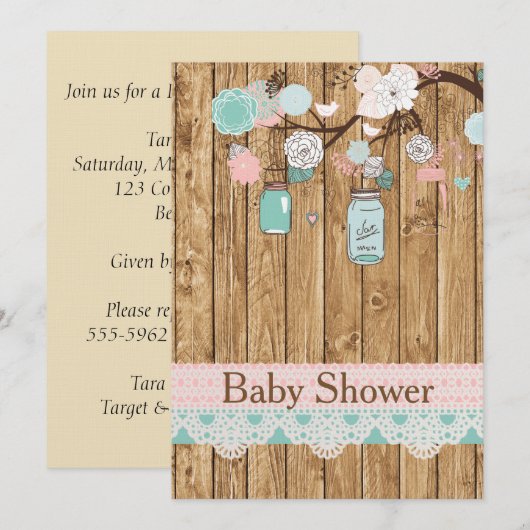 Rustic Wood en Lace Baby shower Invitation Kaart (Voorkant / Achterkant)