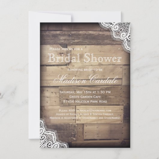 Rustic Wood en Lace Bridal Shower Invitations Kaart (Voorkant)