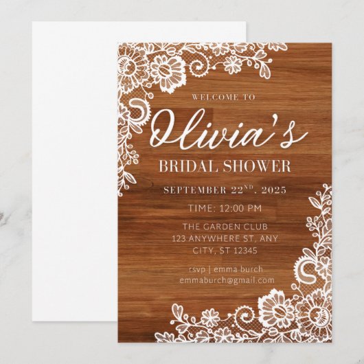 Rustic Wood en Lace Bridal Shower Kaart (Voorkant / Achterkant)