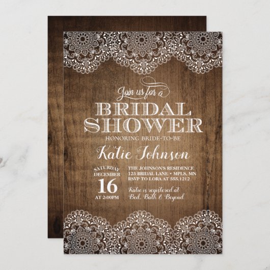 Rustic Wood en Lace Bridal Shower Kaart (Voorkant / Achterkant)