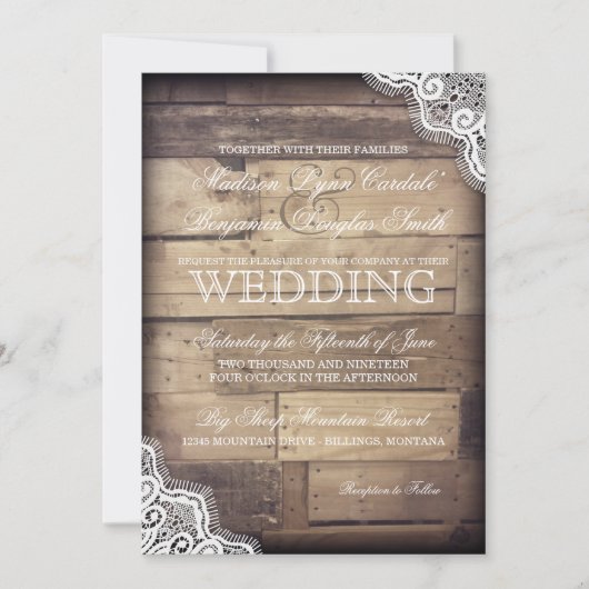 Rustic Wood en Lace Country Wedding Invitations Kaart (Voorkant)