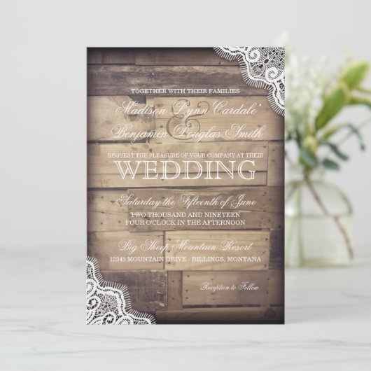 Rustic Wood en Lace Country Wedding Invitations Kaart (Staand voorkant)
