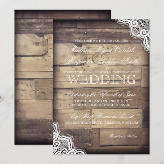 Rustic Wood en Lace Country Wedding Invitations Kaart (Voorkant / Achterkant)