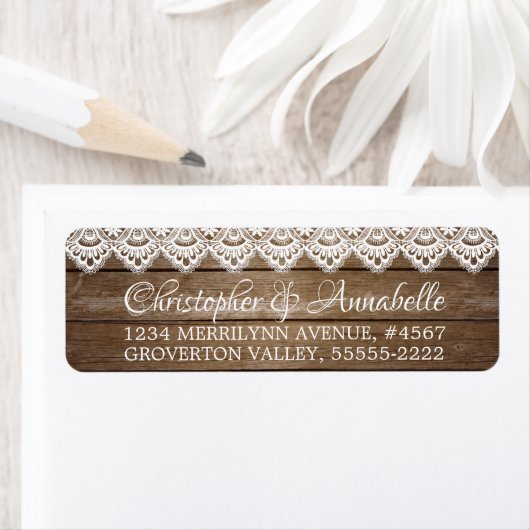 Rustic Wood en Lace Elegant Script Wedding Etiket (Insitu)