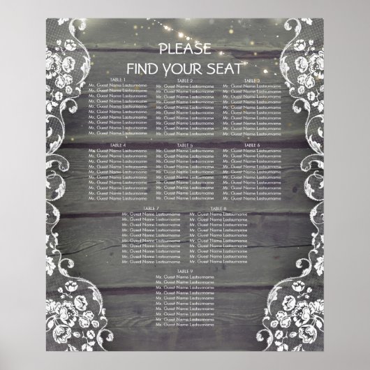 Rustic Wood en Lace Lights Wedding Seating Chart Poster (Voorkant)
