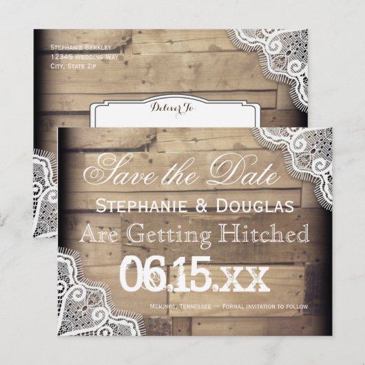 Rustic Wood en Lace Save the Date Briefkaarten (Voorkant / Achterkant)