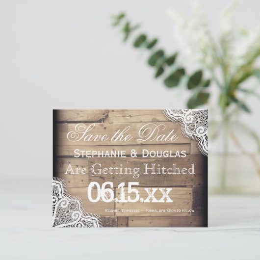 Rustic Wood en Lace Save the Date Briefkaarten (Staand voorkant)