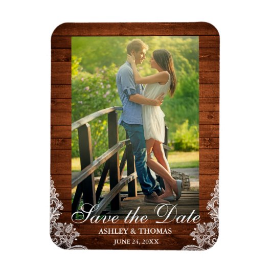 Rustic Wood en Lace Save the Date Photo Magneet (Verticaal)