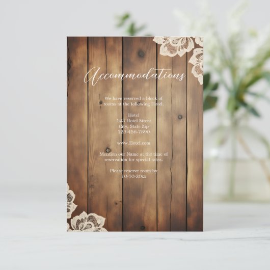 Rustic Wood en Lace Trouwaccommodatie Informatiekaartje (Staand voorkant)