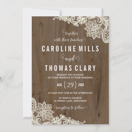 Rustic Wood en Lace Wedding Invitation Kaart (Voorkant)