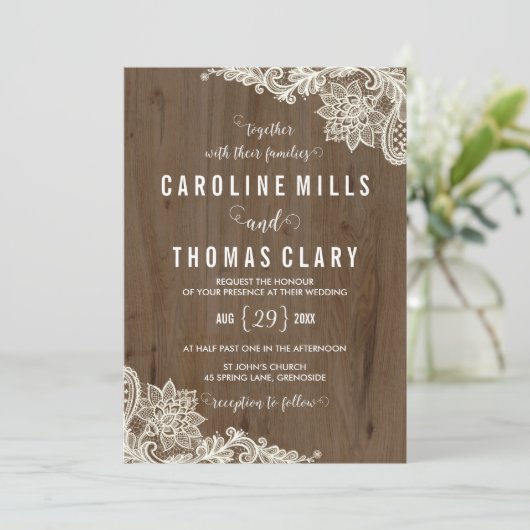 Rustic Wood en Lace Wedding Invitation Kaart (Staand voorkant)