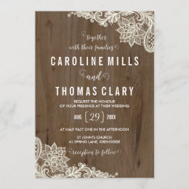 Rustic Wood en Lace Wedding Invitation Kaart