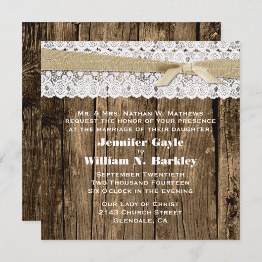 Rustic Wood en Lace Wedding Invitation Kaart (Voorkant / Achterkant)