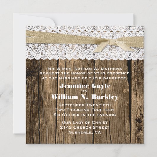 Rustic Wood en Lace Wedding Invitation Kaart (Voorkant)