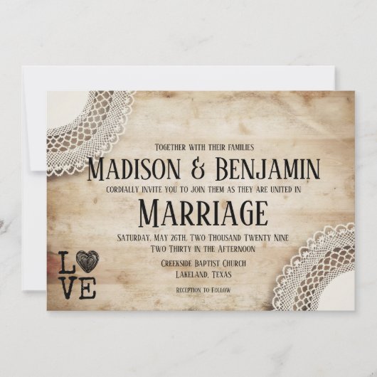 Rustic Wood en Lace Wedding Invitations Kaart (Voorkant)