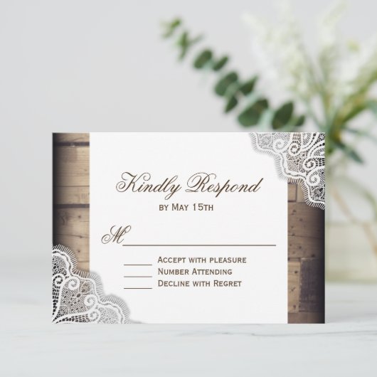 Rustic Wood- en Lace Wedding RSVP-antwoordkaarten RSVP Kaartje (Staand voorkant)