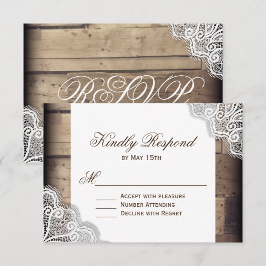 Rustic Wood- en Lace Wedding RSVP-antwoordkaarten RSVP Kaartje (Voorkant / Achterkant)