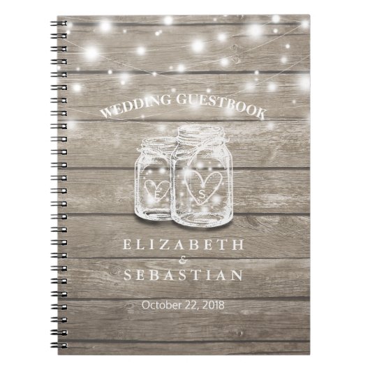 Rustic Wood en Mason Jar Lights Wedding Guestbook Notitieboek (Voorkant)