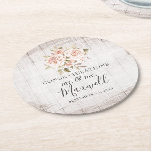 Rustic Wood en Romantische Rozen Shabby Chic Weddi Ronde Kartonnen Onderzetter