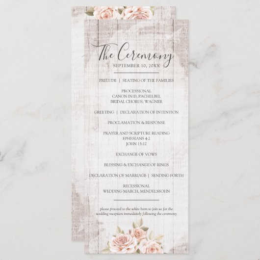 Rustic Wood en Romantische Rozen Shabby Wedding Programmakaart (Voorkant / Achterkant)