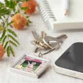 Rustic Wood en Roze Floral - Aangepaste foto en na Sleutelhanger (Zijkant)