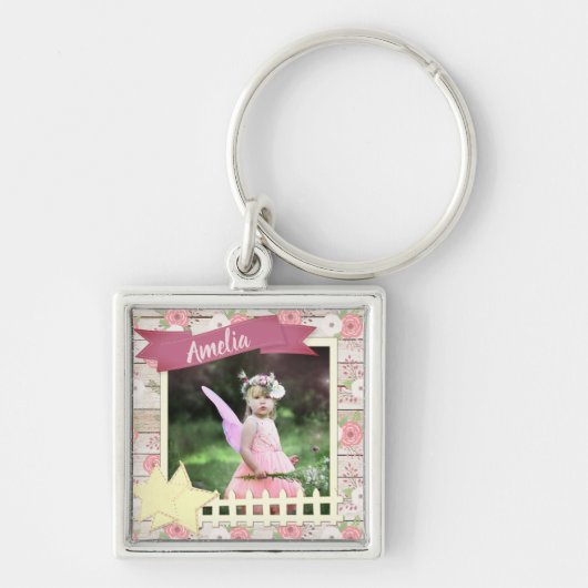 Rustic Wood en Roze Floral - Aangepaste foto en na Sleutelhanger (Voorkant)