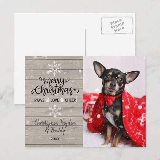 Rustic Wood en Snowflakes Kersthond Foto Briefkaart (Voorkant / Achterkant)