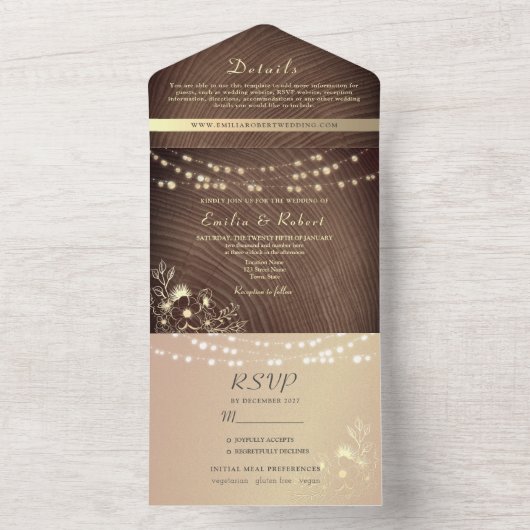 Rustic Wood en String Lights Wedding All In One Uitnodiging (Binnen)