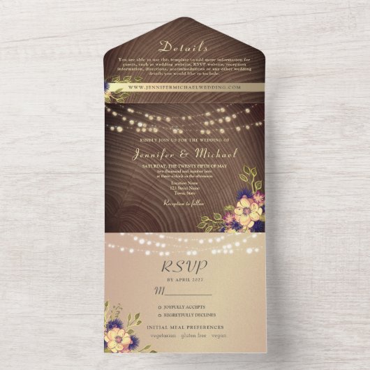 Rustic Wood en String Lights Wedding All In One Uitnodiging (Binnen)