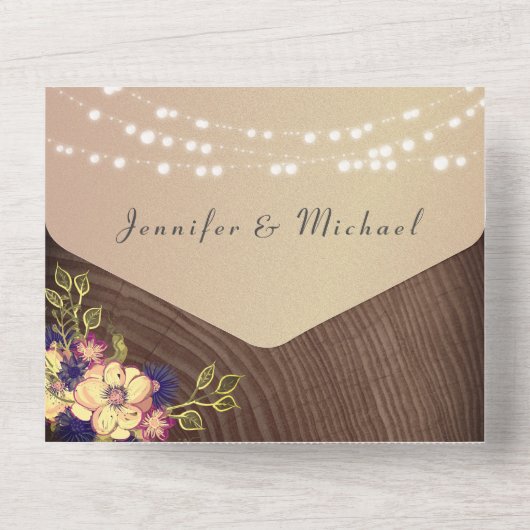 Rustic Wood en String Lights Wedding All In One Uitnodiging (Achterkant)