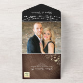 Rustic Wood en String Lights Wedding All In One Uitnodiging (Buitenkant)