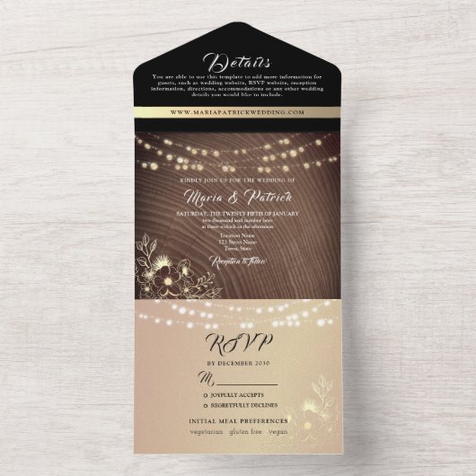 Rustic Wood en String Lights Wedding All In One Uitnodiging (Binnen)