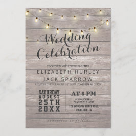 Rustic Wood en String Lights Wedding Invitations Kaart