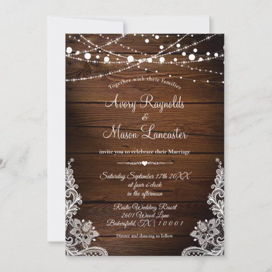 Rustic Wood en String Lights Wedding Kaart (Voorkant)