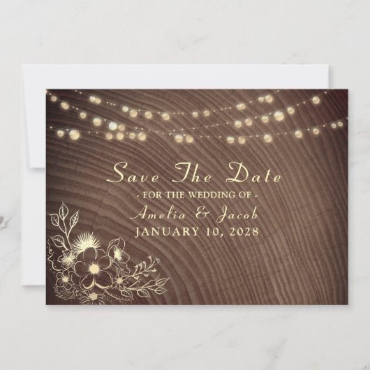 Rustic Wood en String Lights Wedding Save The Date (Voorkant)