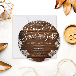 Rustic Wood en String Lights Wedding Save The Date