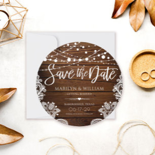 Rustic Wood en String Lights Wedding Save The Date