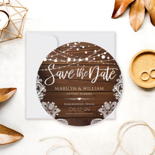 Rustic Wood en String Lights Wedding Save The Date