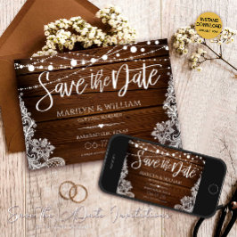 Rustic Wood en String Lights Wedding Save The Date
