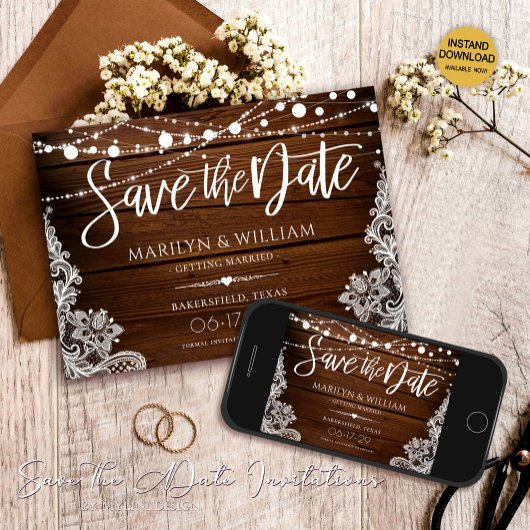 Rustic Wood en String Lights Wedding Save The Date