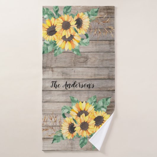 Rustic Wood en Sunflower Bath Towel Badhanddoek (Badhanddoek)
