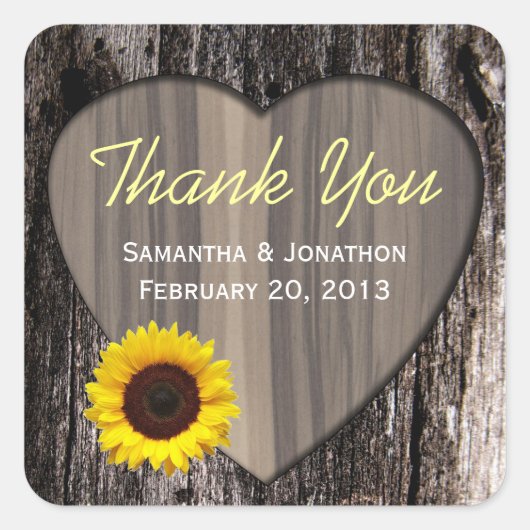 Rustic Wood en Sunflower Wedding Bedankt Vierkante Sticker (Voorkant)