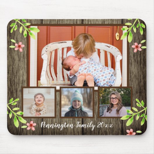 Rustic Wood en Waterverf Floral 4 Foto Muismat (Voorkant)