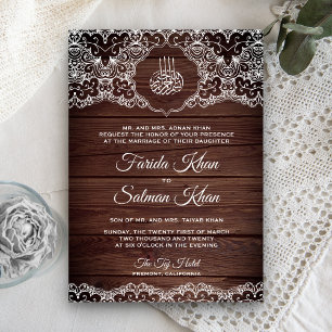 Rustic Wood en White Lace Islamic Muslim Wedding Kaart