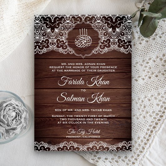 Rustic Wood en White Lace Islamic Muslim Wedding Kaart