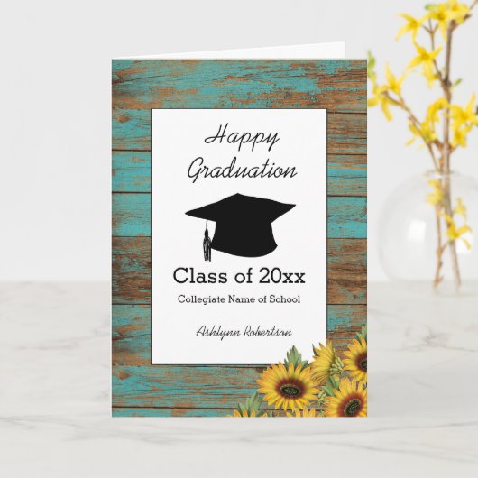 Rustic Wood en Zonnebloemen Afstuderen Kaart (Gele Bloem)