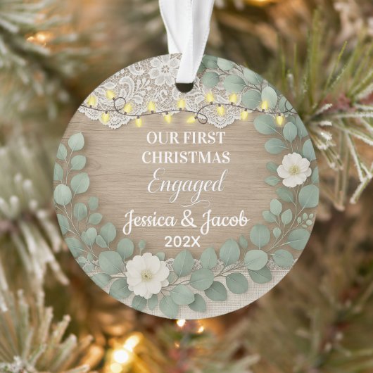 Rustic Wood & Eucalyptus First Christmas Engaged Ornament (Boom)