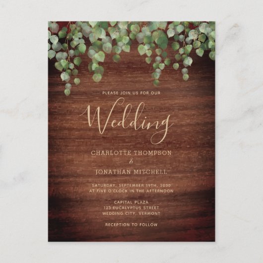 Rustic Wood Eucalyptus Foliage Greenery Wedding Uitnodiging Briefkaart (Voorkant)